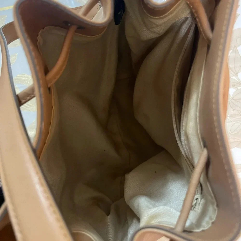 Tan Leather Drawstring Bucket Bag - Women's Shoulder Purse - Picture 6 of 10